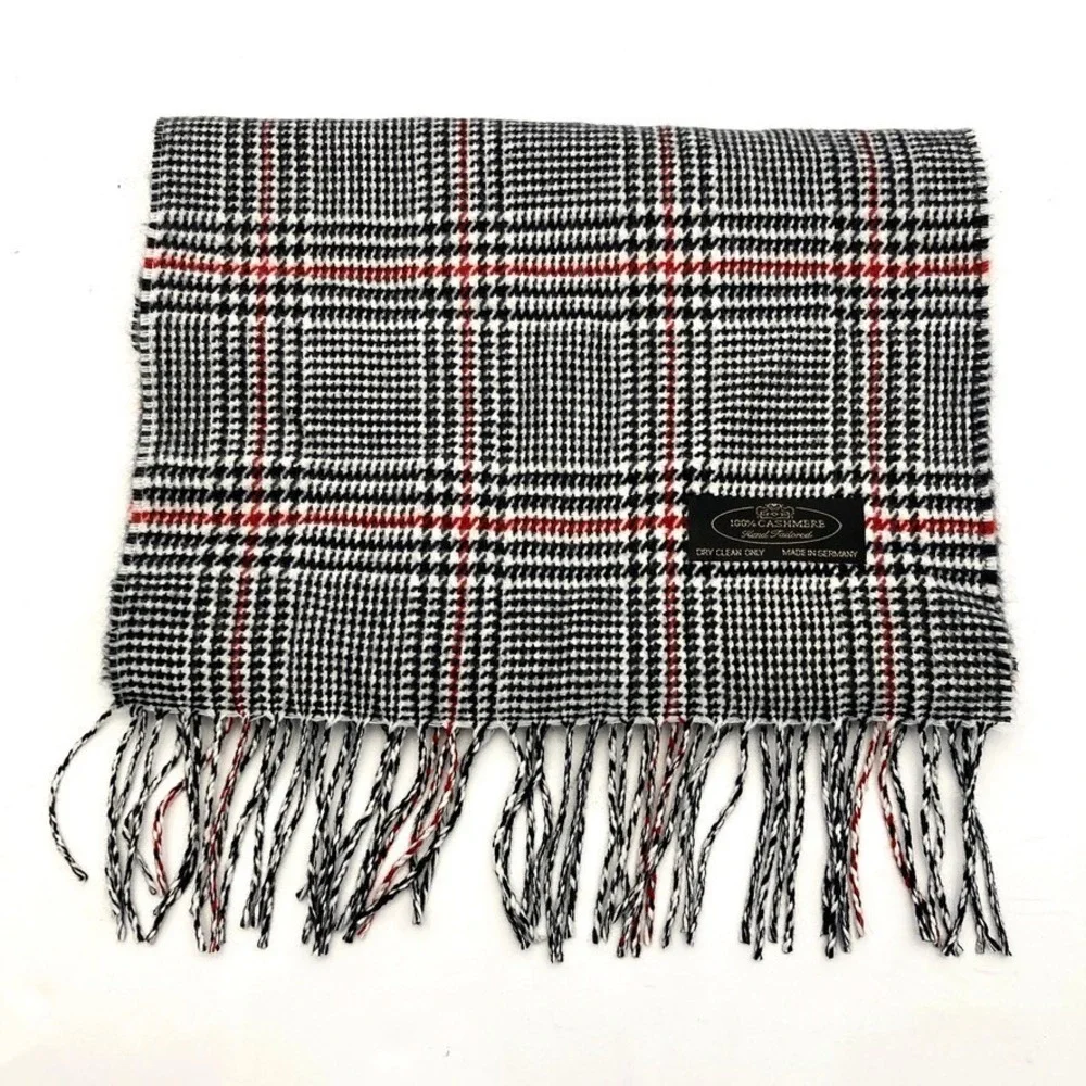 100% Cashmere Scarf Black White Red Glen Plaid Price of Wales Check Houndstooth